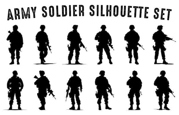 Set of army soldier silhouettes vector Silhouette of the military with weapons