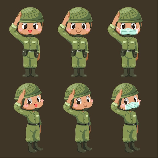 Set of Army soldiers man in green uniform with difference action and stand at salute in cartoon character, isolated flat illustration