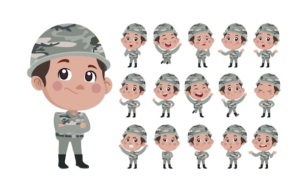 Set of army soldiers man in uniform with difference action