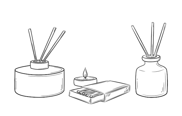 A set of aroma diffusers in a jar with wooden sticks for the home. Candle and matches in doodle