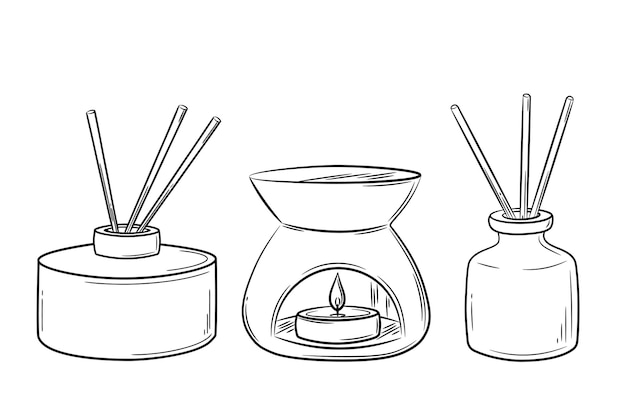 A set of aroma diffusers in a jar with wooden sticks for the home. Candle in oil lamp in doodle.