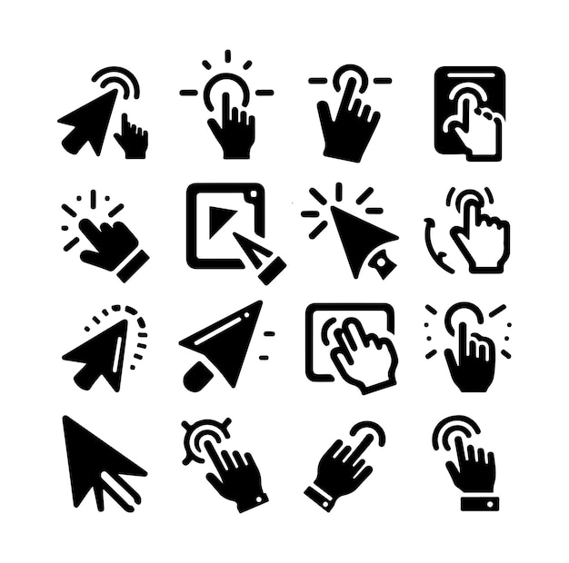 Vector set of arrow web cursors set computer pointer click icon clicking arrows or hands cursors silhouette