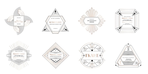 Set of Art deco borders and frames. Geometric template in 1920s Gatsby style for your wedding card, save the date design, cover, banner decoration. Vector illustration EPS 10