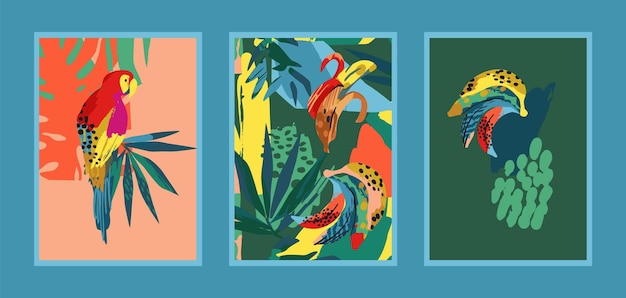 Set of art prints with abstract tropical nature Modern vector design for posters cards cover packaging and other