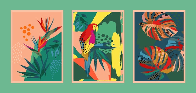 Set of art prints with abstract tropical nature Modern vector design for posters cards cover packaging and other