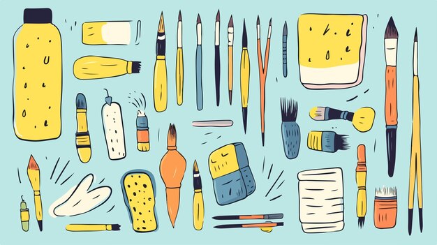 Vector set of art and school equipment on pastel yellow background