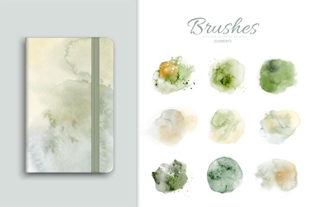 Set of art stains green watercolor splatter which is hand-painted. Stain splash watercolor  used as being an element in the decorative design with notebook