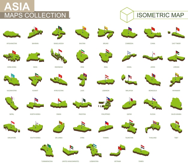 Vector set of asian countries isometric map and flag