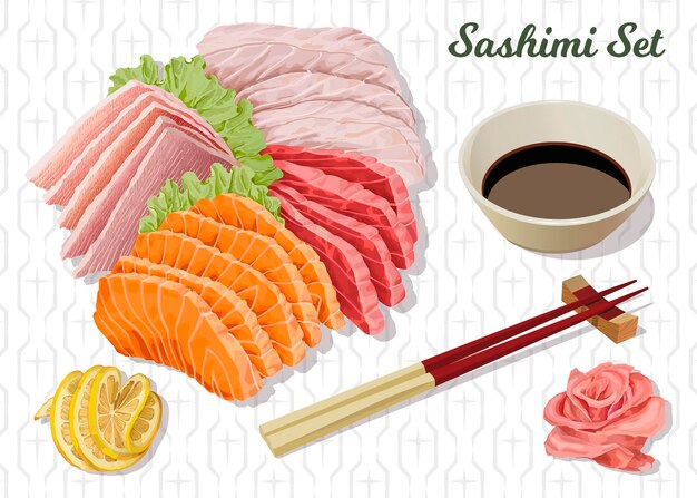 Vector set of assorted sashimi chopsticks soy sauce pink ginger and lemon isolated vector illustration