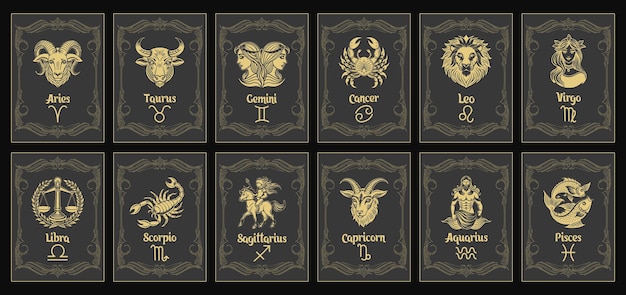 Set of astrology zodiac signs mystical icons in vintage frames Gold design Esoteric symbols