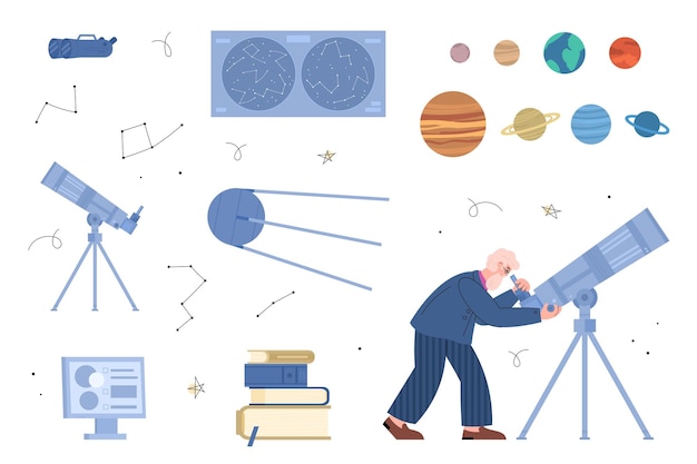 Set of astronomy and space icons with scientist vector illustration isolated