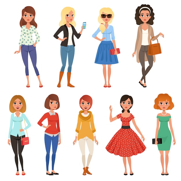 Set of attractive girls in fashionable casual clothes with accessories. Full-length of cartoon female characters with cheerful face expressions.   