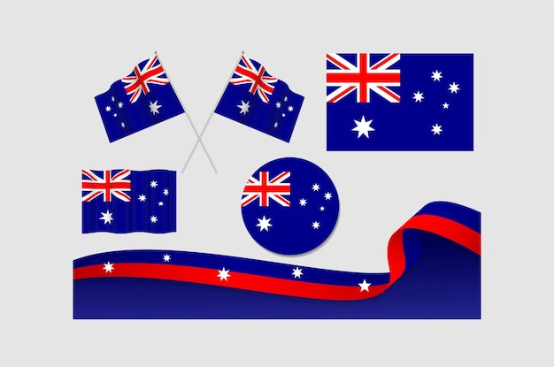 Set Of Australia Flags In Different Designs Icon Flaying Flags With ribbon With Background