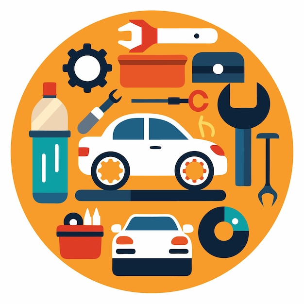 Set of auto repair icons inside a circle