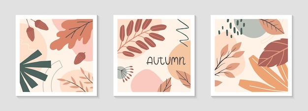 Vector set of autumn abstract decorative prints with organic various shapesfoliage and letteringmoderm seasonal designuniversal artistic bannerstrendy fall vector illustrations