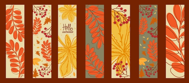 Set autumn bookmarks Hello autumn Autumn leaves and rowan berry branch