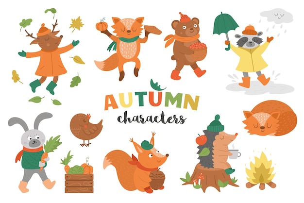 Set of autumn characters Cute woodland animals collection Fall season icons pack