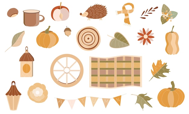 Set of autumn elements falling leaves a cute hedgehog various pumpkins Cliparts for scrapbook