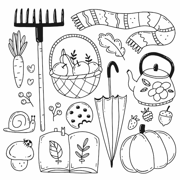 set of autumn elements in simple doodle style black and white illustration isolated on background