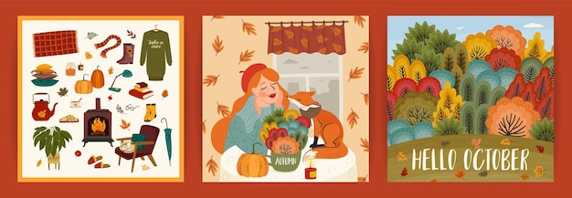 Set of autumn illustrations with cute girl Vector design for card poster flyer web and other