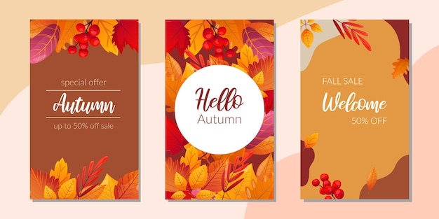 Set of autumn posters with fall leaves and greeting sale text.