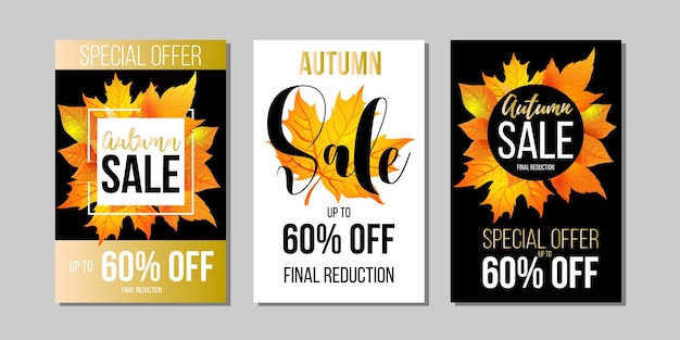 Set of Autumn sale flyer template with lettering, orange leaves. Fall promotion. Poster, banner, card, label, and other design. Vector illustration.