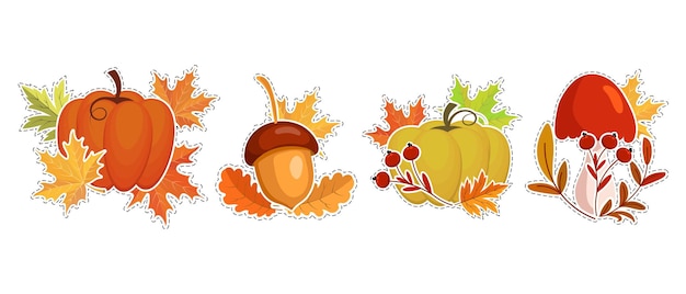 Set of autumn stickers, pumpkins, mushrooms and acorns with autumn leaves and rowan. Illustration