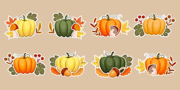 Vector set of autumn stickers, pumpkins with acorns, mushrooms and autumn leaves and rowan. illustration