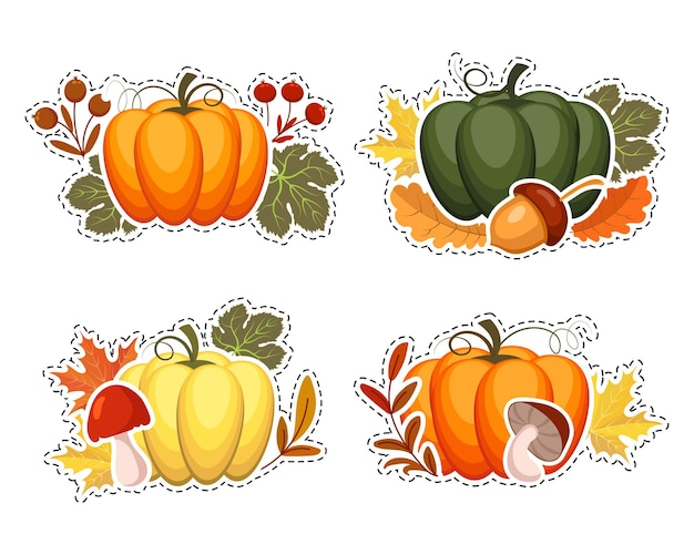 Set of autumn stickers, pumpkins with mushrooms acorns with autumn leaves and rowan. Illustration,