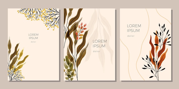 Set of autumn template. Cover, poster, placard, banner with watercolor leaves, branches, berries