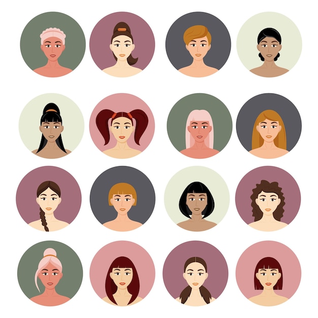 Set of avatar women's hairstyles. Beautiful young girls with different hairstyles isolated on a white background.