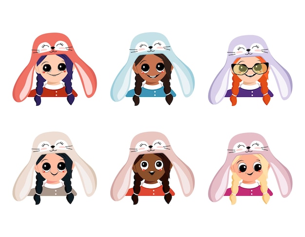 Set avatars girl of different nationalities with big eyes and wide happy smile in rabbit hat Head of child with joyful face in festive costume for New Year and Christmas Vector flat illustration