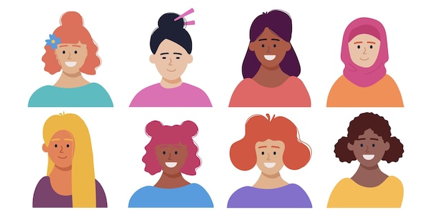 Set of avatars of happy women girls of different cultures and nationalities social diversity