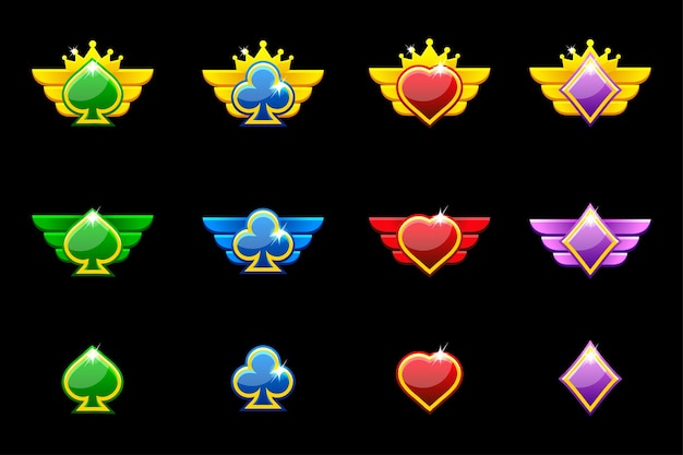 Set of award badges for casino and 2D game Ranking game icons heart spade club and diamond