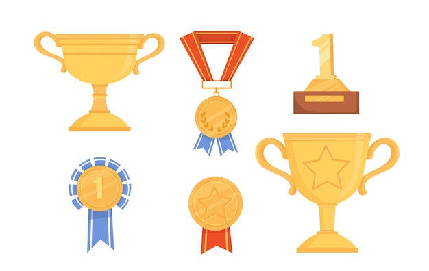 Set of awards concept Golden cups and medals for winners Competition and tournaments rewards Prize and trophy success Cartoon flat vector collection isolated on white background