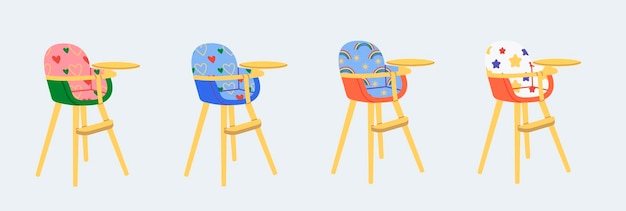 Vector set of baby high chair with different patterns feeding seat for infant with print of stars rainbow heart