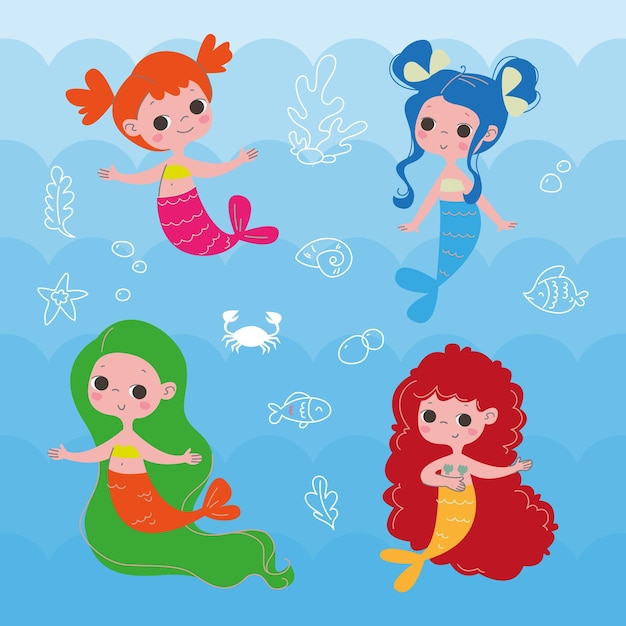 Set of baby mermaids with multi-colored hair. Hand drawing for girls textiles. Vector illustration of characters in cartoon children s style. Isolated funny clipart on blue sea background. Cute print.