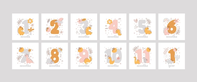 Set of baby milestone cards for newborn girl Baby shower print with cute animal dino and flowers capturing