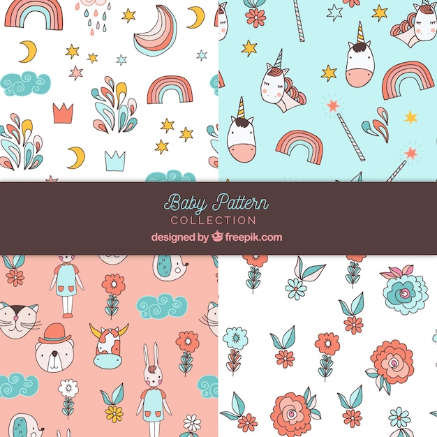 Set of baby patterns in hand drawn style