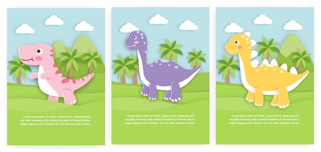 Set of baby shower cards and greeting cards with cute dinosaur in paper cut style.