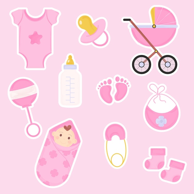 Set of baby shower stickers for a girl Vector illustration