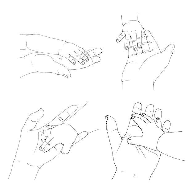 Set Of Baby Touching Parent Hand Line Art Illustration