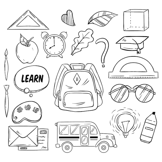 Set of Back to School Elements With Hand Drawn or Doodle Style