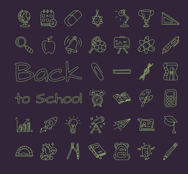 A set of back to school icons including a school supplies