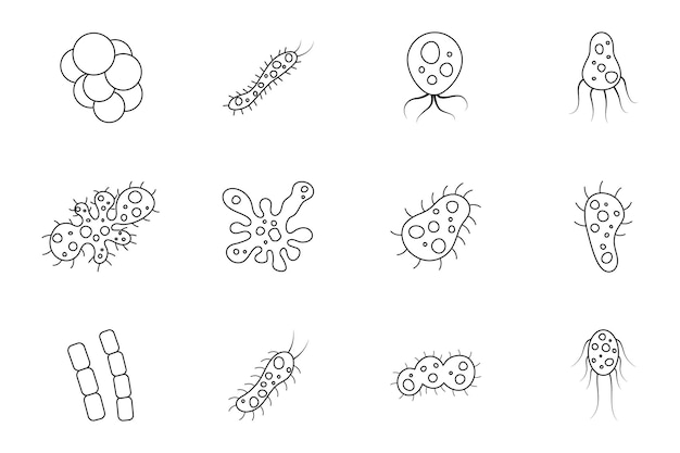 Set of bacteria and virus vector illustration in outline style Diseasecausing bacterias viruses and microbes