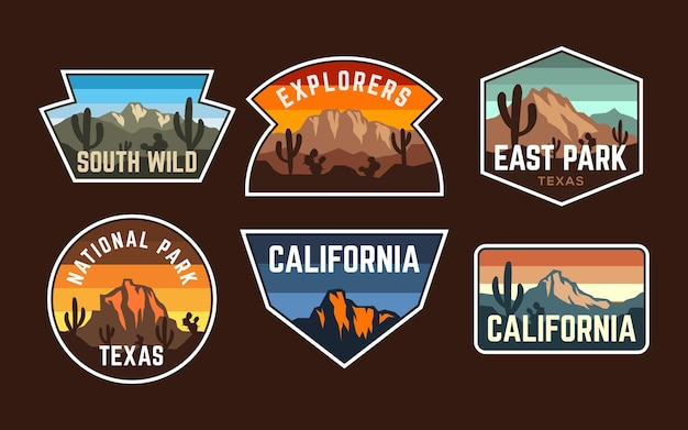 Vector set of badge patch mountain desert vintage retro style, sticker emblem national park collection