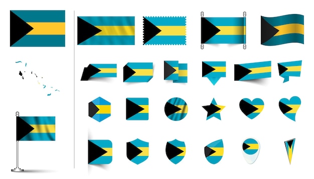 Vector set of bahamas flag flat icon set vector illustration flag button waving 3d rendering symbols