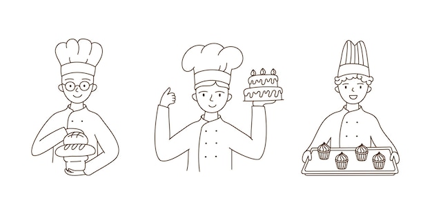 Set bakers in a chef's uniform with various baked goods