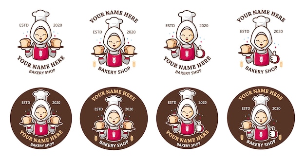 Set of bakery logo with hijab cartoon mascot