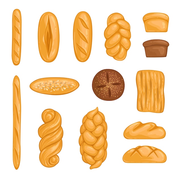 Set of bakery products. Bread, loaf, hala, baguette and rye bread in cartoon style.